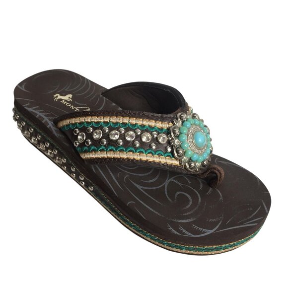 Montana West Sandals Womens Size 7 Brown Turquoise Wedge Flip Flop Rhinestone - Picture 3 of 11